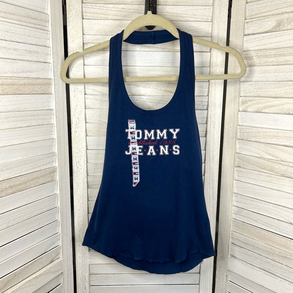 Tommy Jeans Vintage Halter Tank Top Navy Blue Graphic Logo Print NWT Large